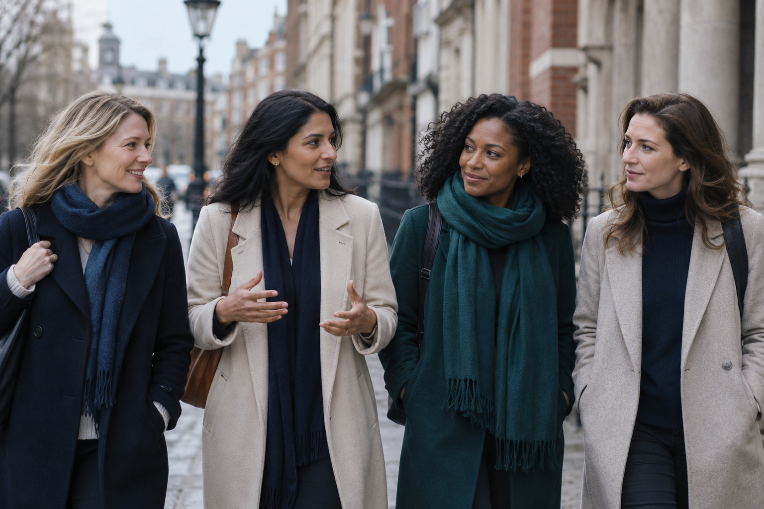 Four women sharing a conversation as they walk together through a city